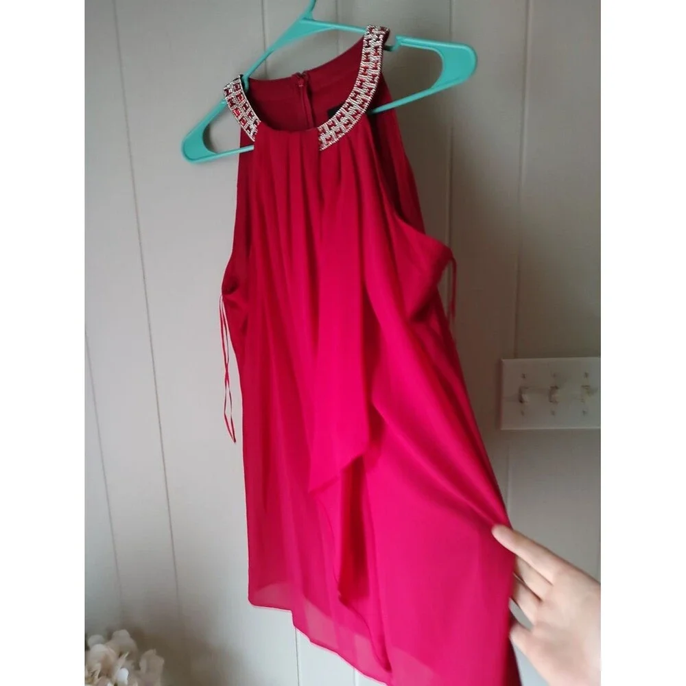 R&M Richards Scarlet Red Beaded Rhinsestone Halter Chiffon Blouse Medium